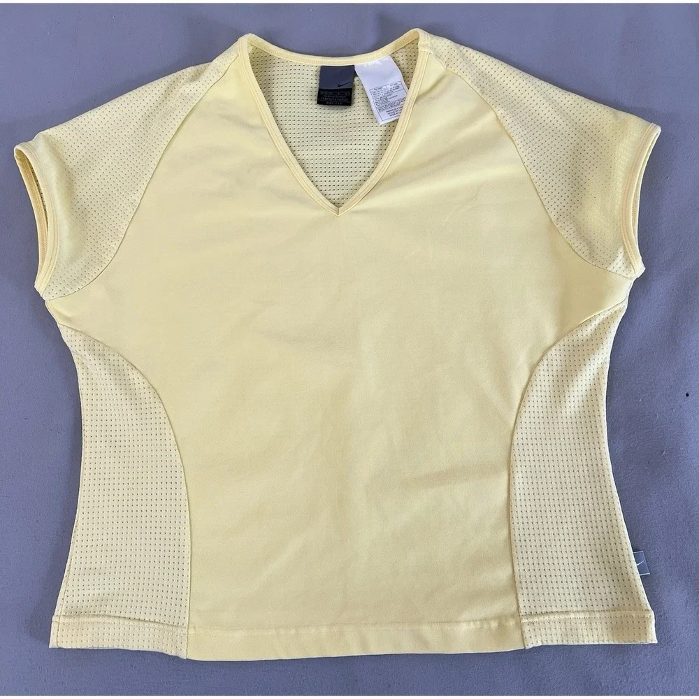 Vintage Nike Top Yellow Women's Sz Large Y2K Golf Tennis V- Neck